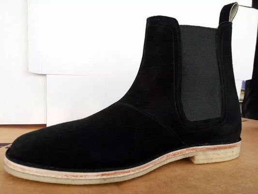 Handmade black suede leather high ankle chelsea crepe sole boots for men