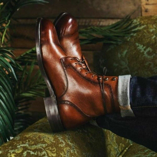 Handmade Men Brown leather Dress Shoes Lace up High ankle Boots