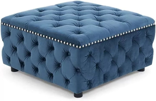 Blue Velvet Square Shape Footstool (80cm x 80cm x 42cm)