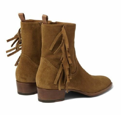 Men Handmade Boots Tan Fringed Ankle High Suede Leather Formal Wear Dress Shoes