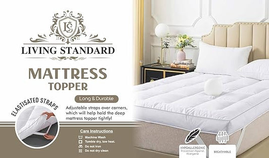 Quilted Mattress Topper 10 cm Thick – Microfibre Cover, Heavy Hollowfibre Fill with 10% Extra Padding, Box Stitched, Elasticated Corners, Grey Piping – King