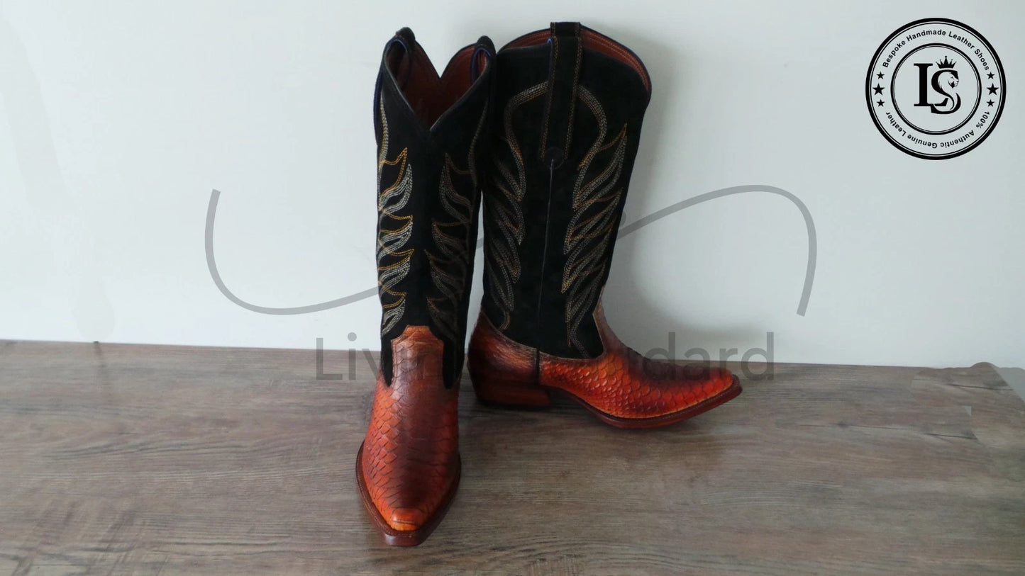 Men's Shoes Handmade Cowboy Snake Print Leather Western Ankle Men Dress Boots