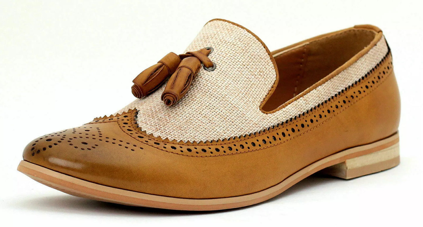 Mens Formal Dress Shoe Brogue Wingtip Two Tone Tan Leather Fabric Slip On Tassel