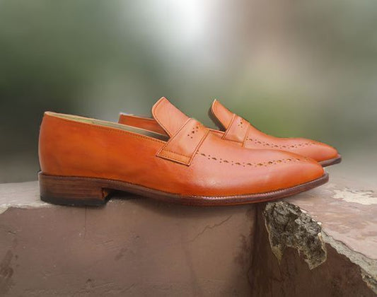 Handmade Premium Quality Men's Tan Leather Loafer Moccasin Slip on Dress Shoes