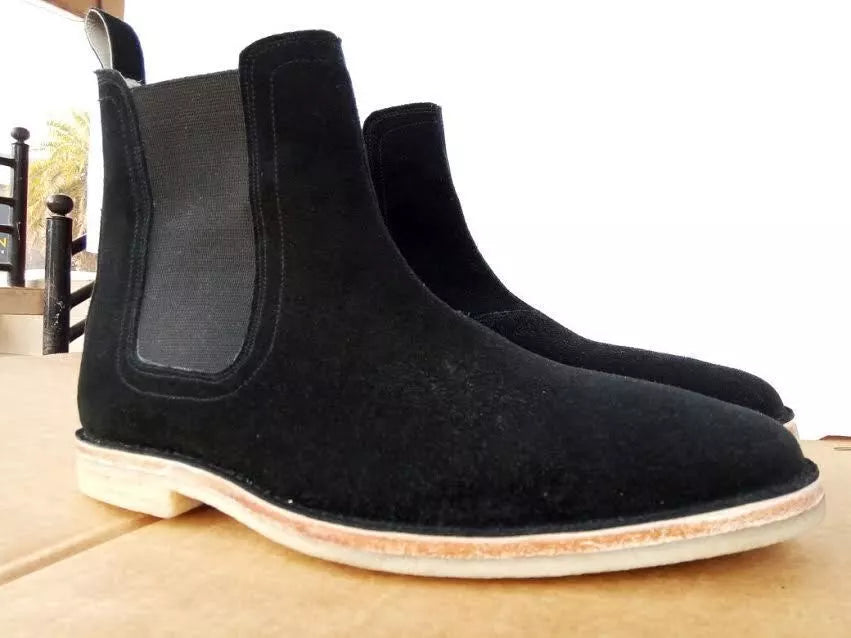 Handmade black suede leather high ankle chelsea crepe sole boots for men