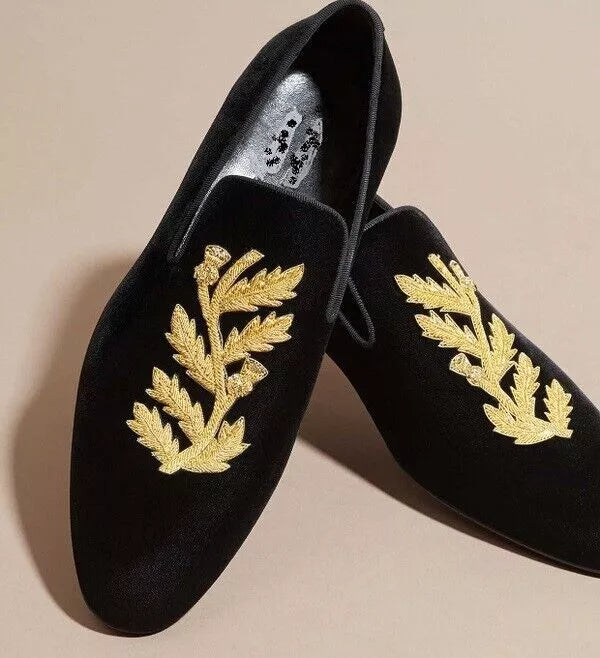 Men's Shoes Handmade Black Velvet Formal Casual Slip Ons Embroidered Loafers