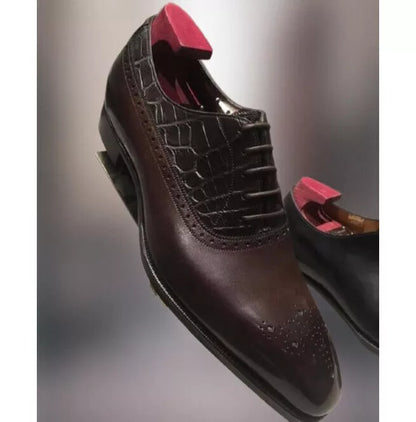 Men Shoes Handmade Leather Brown Alligator Texture Brogue Formal Casual Slip Ons