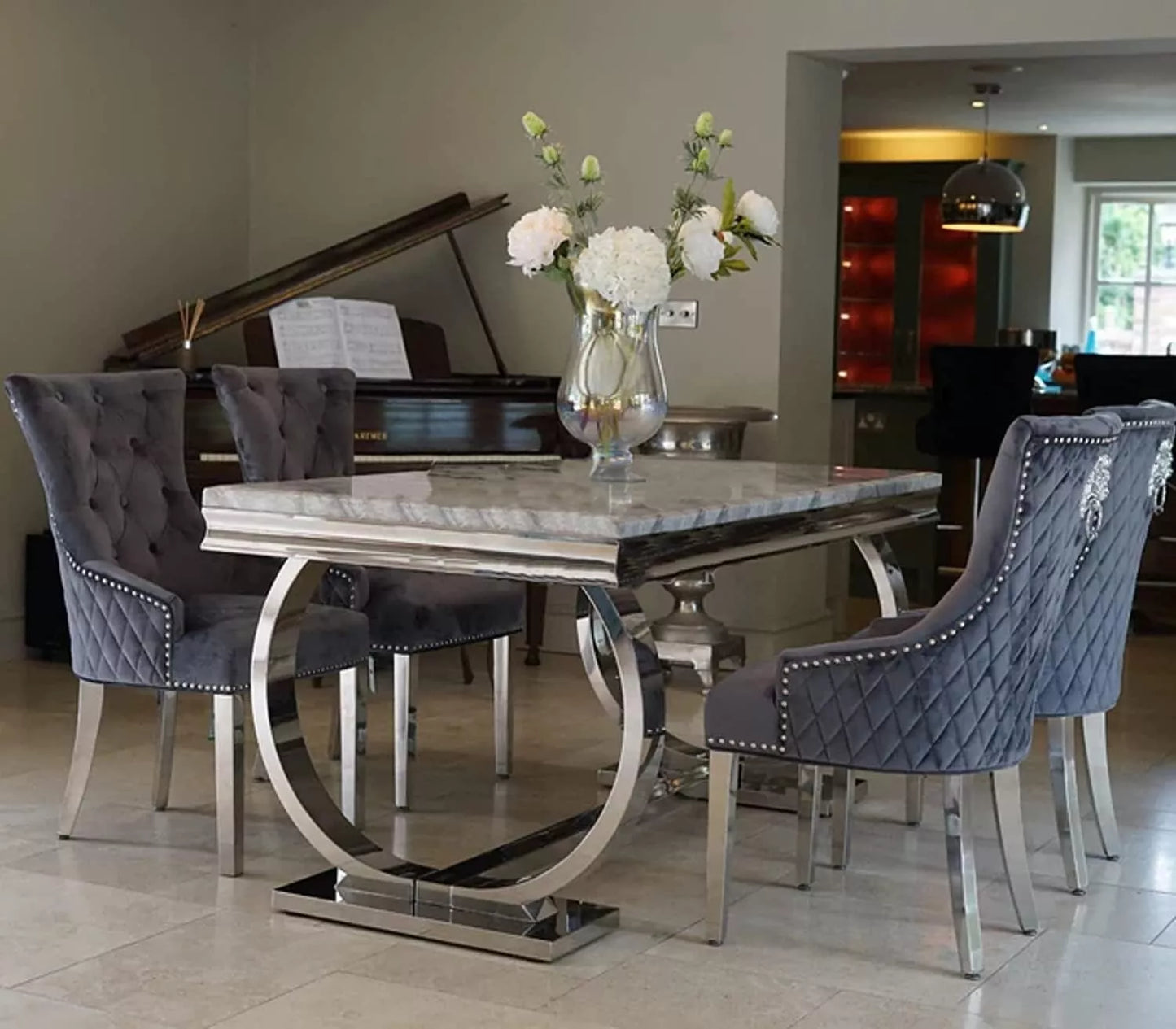 Marble Dining Table with 6 Charis Set Gloss Finish 1.8m Grey Mirrored Lion Head
