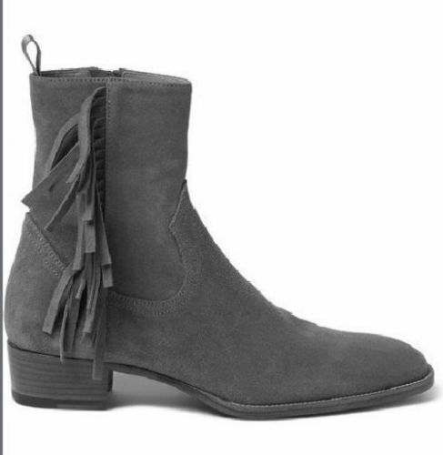 Men Handmade Boots Grey Suede Ankle High Fringed Formal Wear Casual Dress Shoes