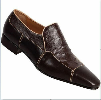 Men's Shoes Handmade Leather Ostrich Brown Casual Formal Pointed Toe Slip Ons