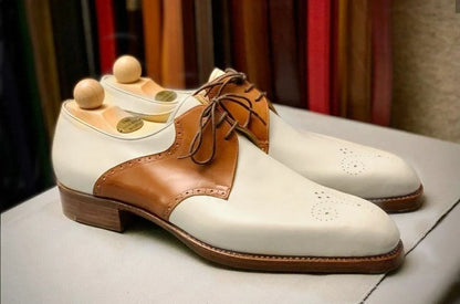 Pure Handmade Men White & Brown Leather Brogue Derby Shoes UK Size