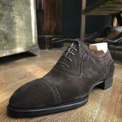 Handmade Men's Genuine Brown Dress Suede Leather Oxford Cap Toe Lace up Shoes