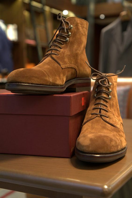 Handmade Men Brown Suede Leather Ankle Biker Boots UK Sizes