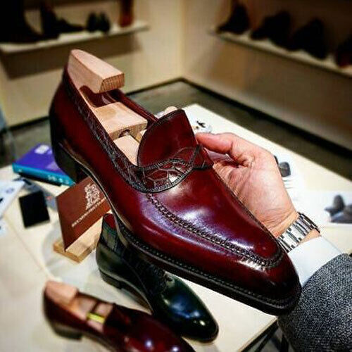 Handmade men burgundy leather moccasin formal casual dress shoes
