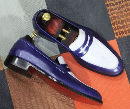 Blue Leather Shoes Men Handmade Loafer Moccasin Slip on Dress/Formal