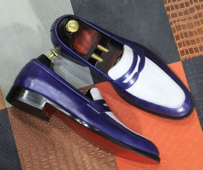 Blue Leather Shoes Men Handmade Loafer Moccasin Slip on Dress/Formal