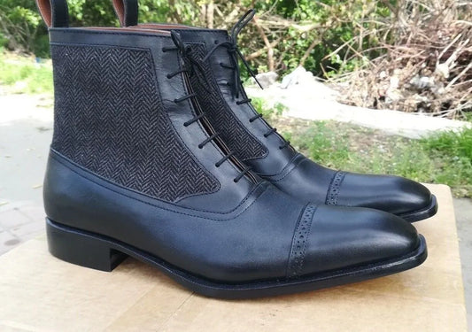 Handmade men black leather boots, tweed fabric boots for men, ankle dress boots