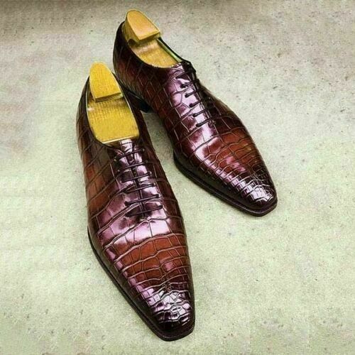 Handmade Men's Maroon Lace up Crocodile Embossed Calfskin Leather Dress Shoes