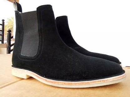 Handmade black suede leather high ankle chelsea crepe sole boots for men