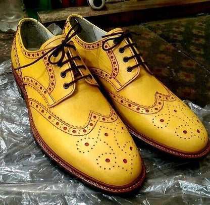 Men's Shoes Handmade Leather Yellow Formal Casual Wingtip Brogue Lace up Shoe