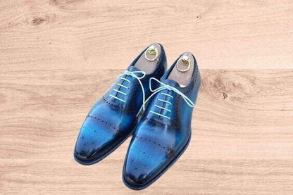 Men's Shoes Handmade Blue Leather Oxford Lace up Brogue Formal Dress Party Wear