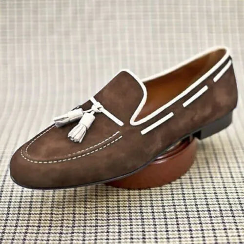 Brown Leather Shoes Handmade Formal Apron Toe Suede Tassel Loafer Slip Ons