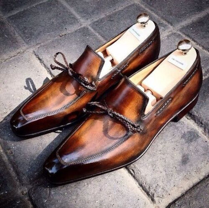 Handmade Tan Leather Black Shaded Loafer Slip On Goodyear Welted Men's Shoes