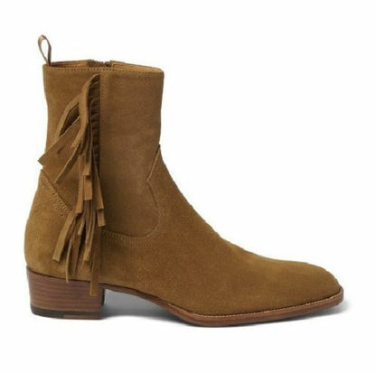 Men Handmade Boots Tan Fringed Ankle High Suede Leather Formal Wear Dress Shoes