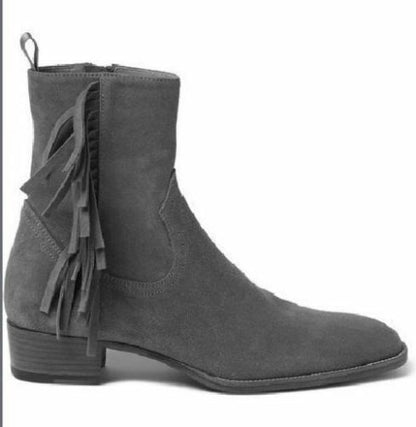 Men Handmade Boots Grey Suede Ankle High Fringed Formal Wear Casual Dress Shoes