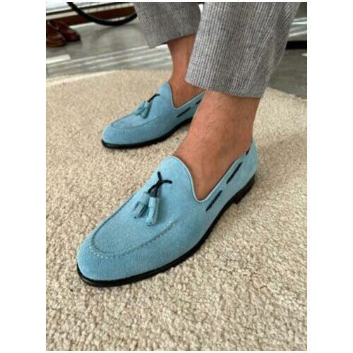 Handmade Men's Premium Quality Blue Suede Loafer Moccasin Slip on Dress Shoes
