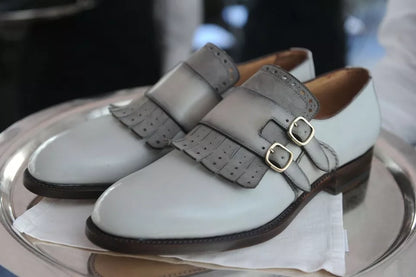 Men Shoes Handmade Leather Formal Brogue Fringes Monk Strap Dress Shoe Slip Ons