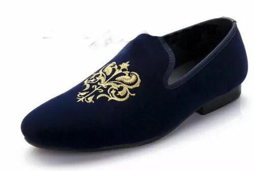 Men Handmade Shoes Blue Velvet Embroidered Loafers & Slip On Party Formal Dress