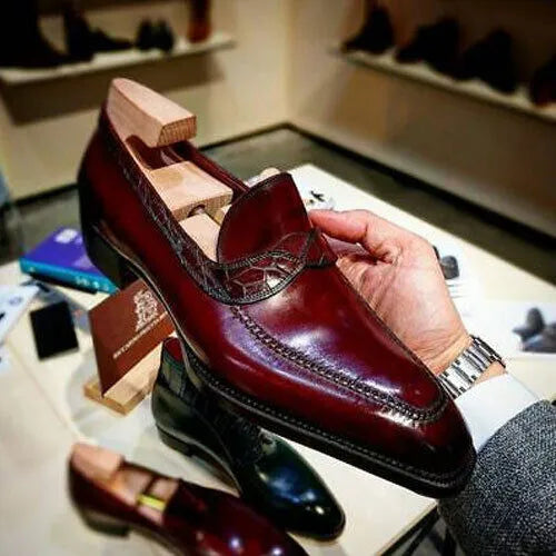Handmade men burgundy leather moccasin formal casual dress shoes