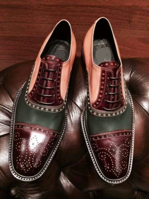 Formal Shoes Men Three Tone Leather Oxford Toe cap Brogue Lace up Dress Shoes