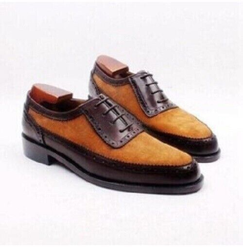 Men's Handmade Brown Leather & Suede Leather Two Tone Lace-up Formal Dress Shoes