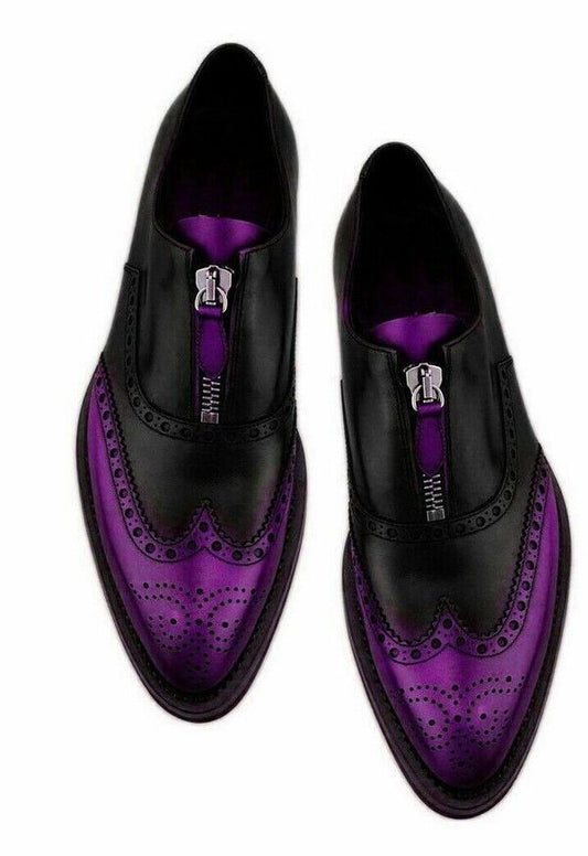 Men's Shoes Handmade Leather Black Vivid Violet Zipper Business Formal Casual
