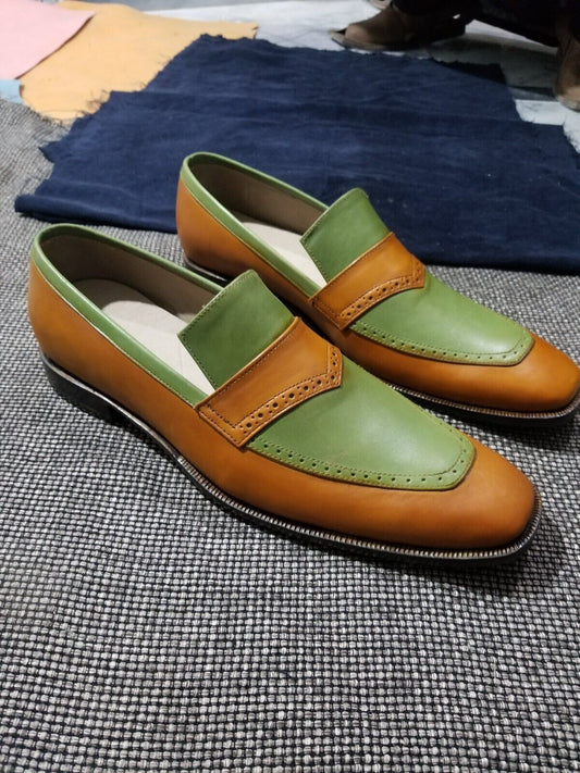 Tailor Made Men's Two Tone Leather Loafer Slip On Moccasin Formal Casual Shoes