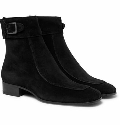 Formal Shoes Men Black Suede Leather Monk Strap Chelsea Zipper Boots