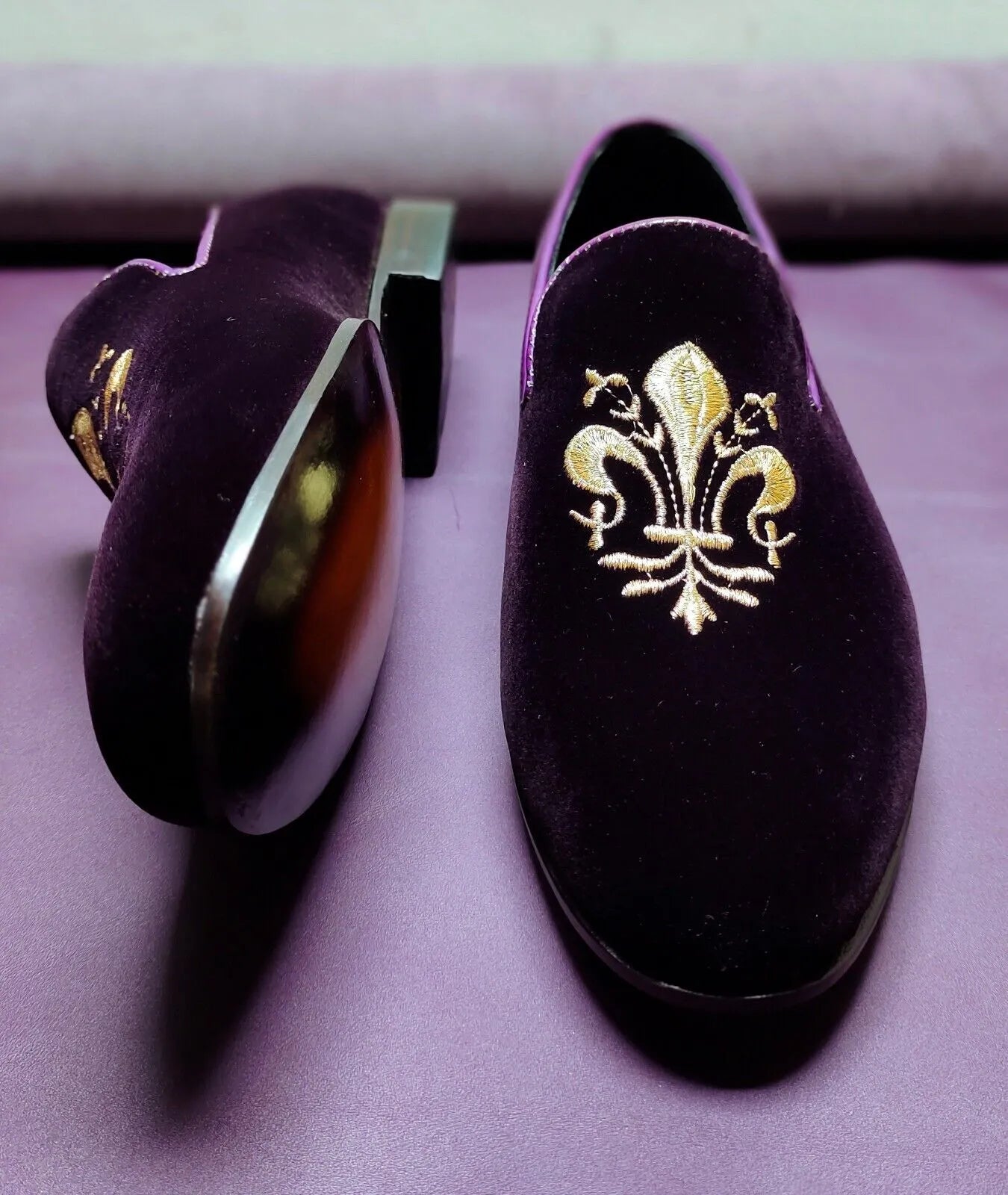Men Dress shoes handmade genuine purple velvet loafer moccasin slip on