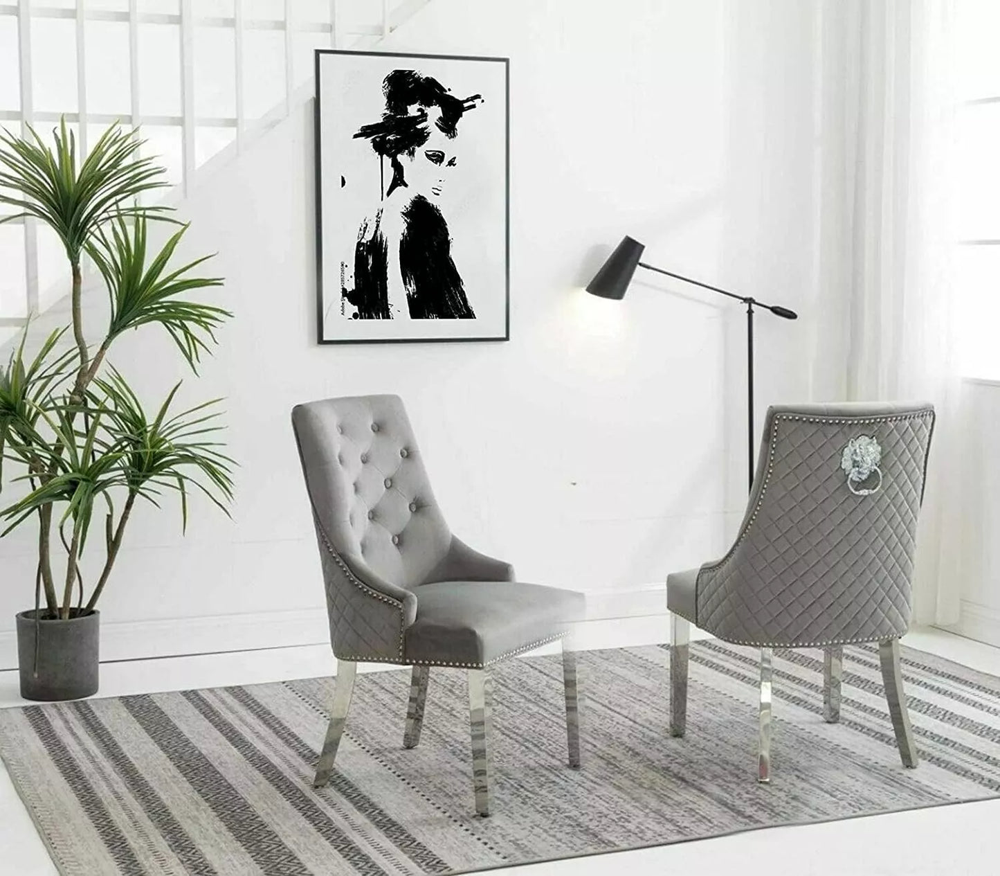 Dining Chairs Set Of 2 Majestic Dining Chair Plush Velvet Lion Head Knocker Grey