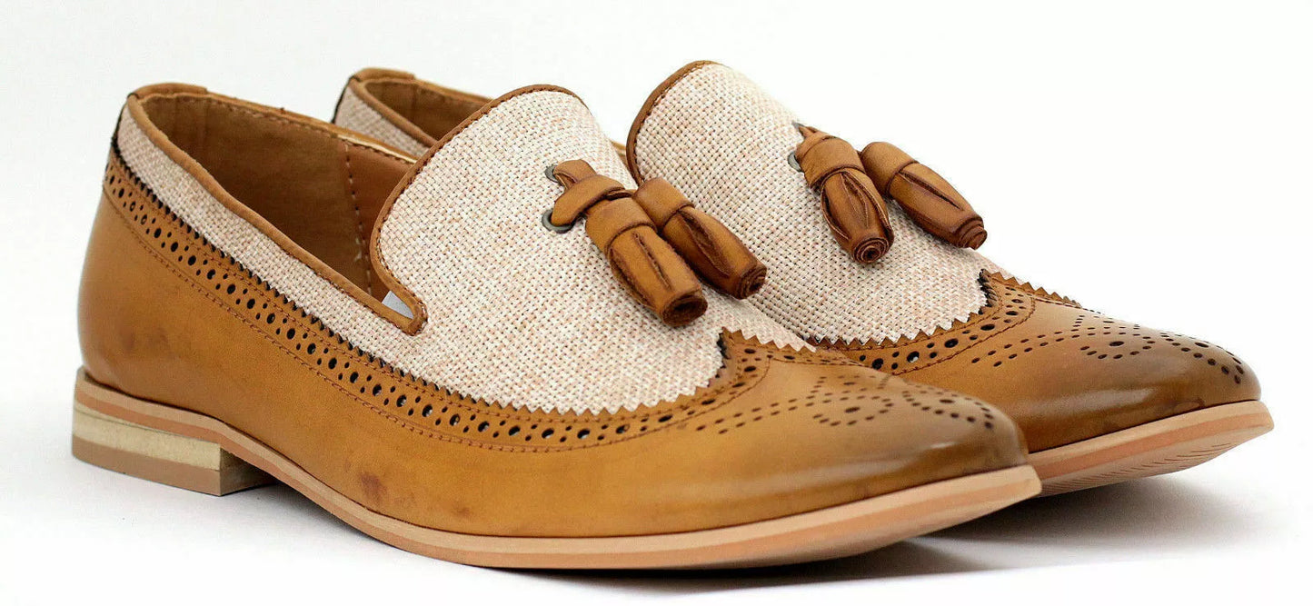 Mens Formal Dress Shoe Brogue Wingtip Two Tone Tan Leather Fabric Slip On Tassel