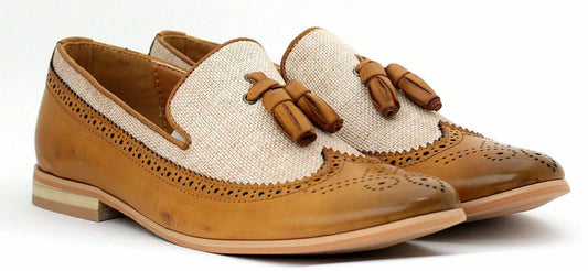 Mens Formal Dress Shoe Brogue Wingtip Two Tone Tan Leather Fabric Slip On Tassel