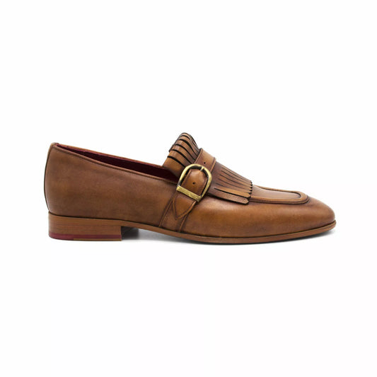 Handmade Tan Brown Leather Moccasin Shoes with fringes and monk strap
