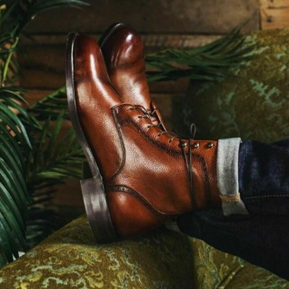 Handmade Men Brown leather Dress Shoes Lace up High ankle Boots