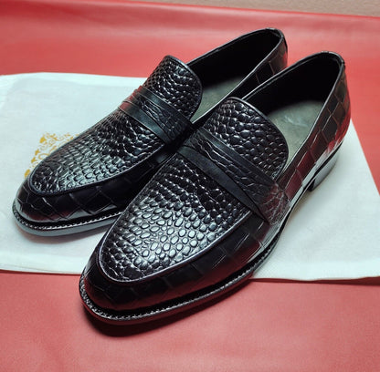 Handmade Men's Genuine Black Crocodile Print Leather Loafer Moccasin Dress Shoes