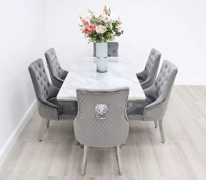 Marble Dining Table with 6 Charis Set Gloss Finish 1.8m Grey Mirrored Lion Head