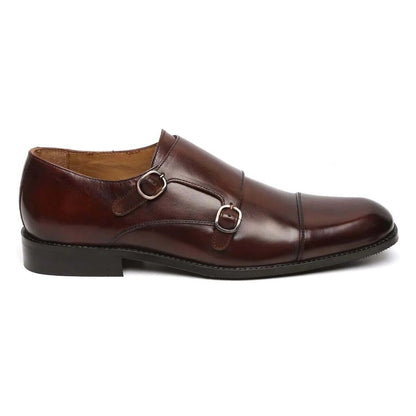 Men's Handmade Dark Brown Genuine Leather Cap Toe Double Monk Strap Formal Shoes