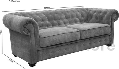 Chesterfield Style Sofa 3 Seater Armchair Grey Fabric solid wood for living room