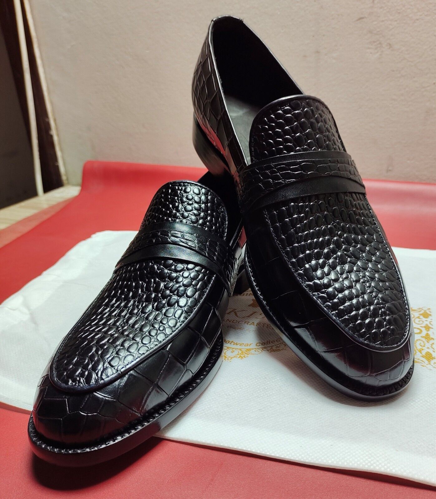 Handmade Men's Genuine Black Crocodile Print Leather Loafer Moccasin Dress Shoes