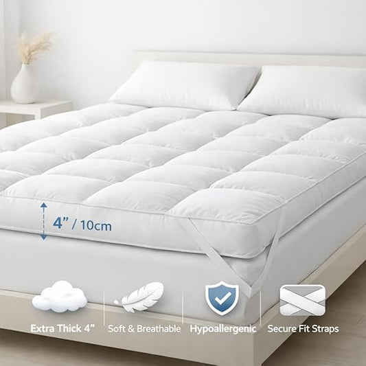 Quilted Mattress Topper 10 cm Thick – Microfibre Cover, Heavy Hollowfibre Fill with 10% Extra Padding, Box Stitched, Elasticated Corners, Grey Piping – King